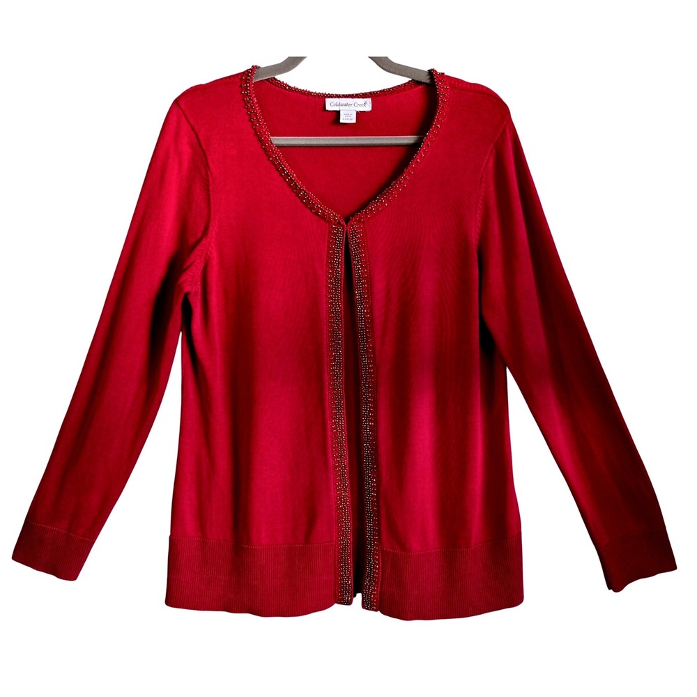Coldwater Creek Silk Classic Chic Vibrant Red Beaded Open Front Cardigan Women L